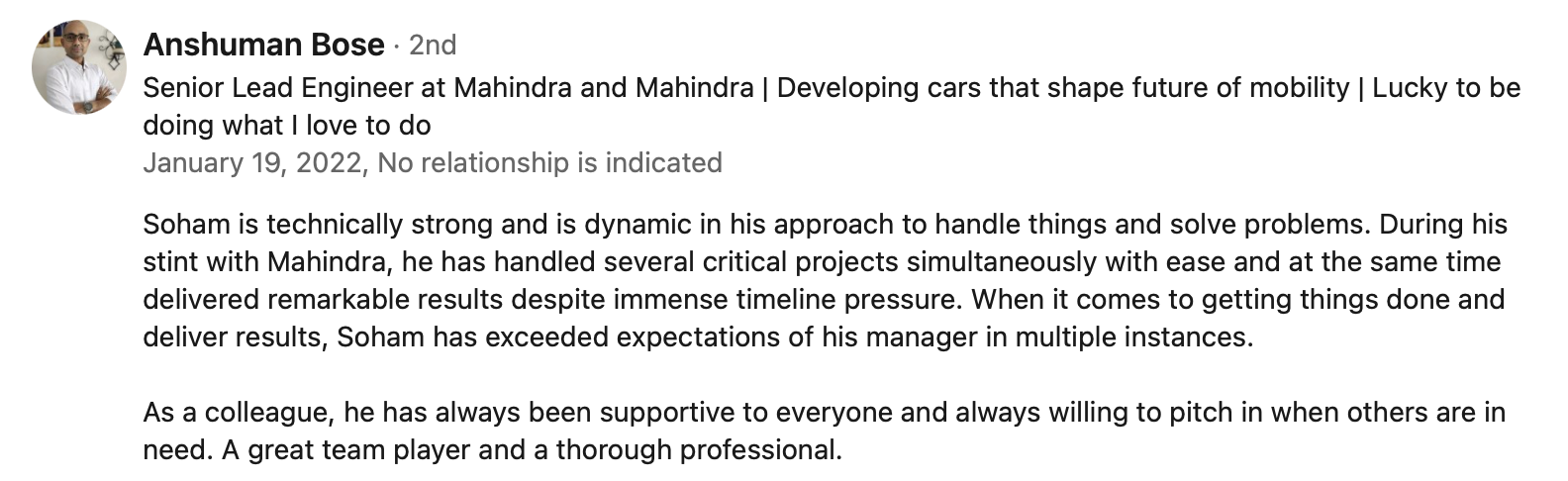 LinkedIn recommendation from Anshuman Bose